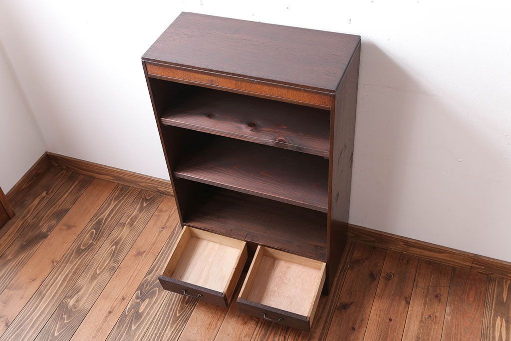 レトロ家具　昭和レトロ　引き出し2杯付き!古い木製のアンティークブックシェルフ(本棚)