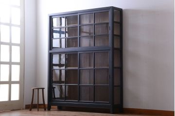 アンティーク家具　片側側面ガラス仕上げ!モダンなペイントのアンティーク薄型戸棚