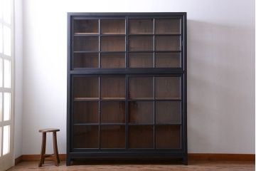 アンティーク家具　片側側面ガラス仕上げ!モダンなペイントのアンティーク薄型戸棚