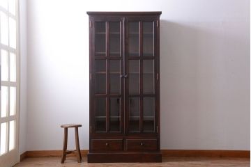 中古　民芸家具　面取りガラスが上品な本箱(書棚・ブックケース)