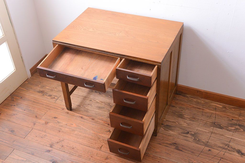 レトロ家具　昭和レトロ　古いナラ材のアンティーク片袖机