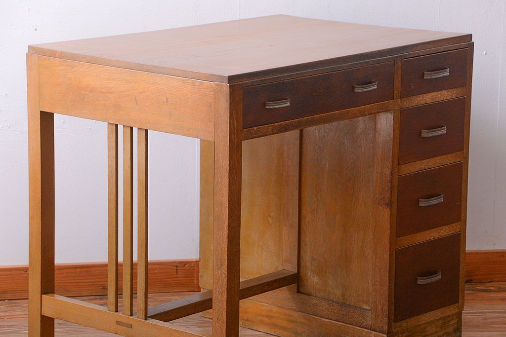 レトロ家具　昭和レトロ　古いナラ材のアンティーク片袖机