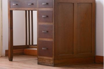 レトロ家具　昭和レトロ　古いナラ材のアンティーク片袖机