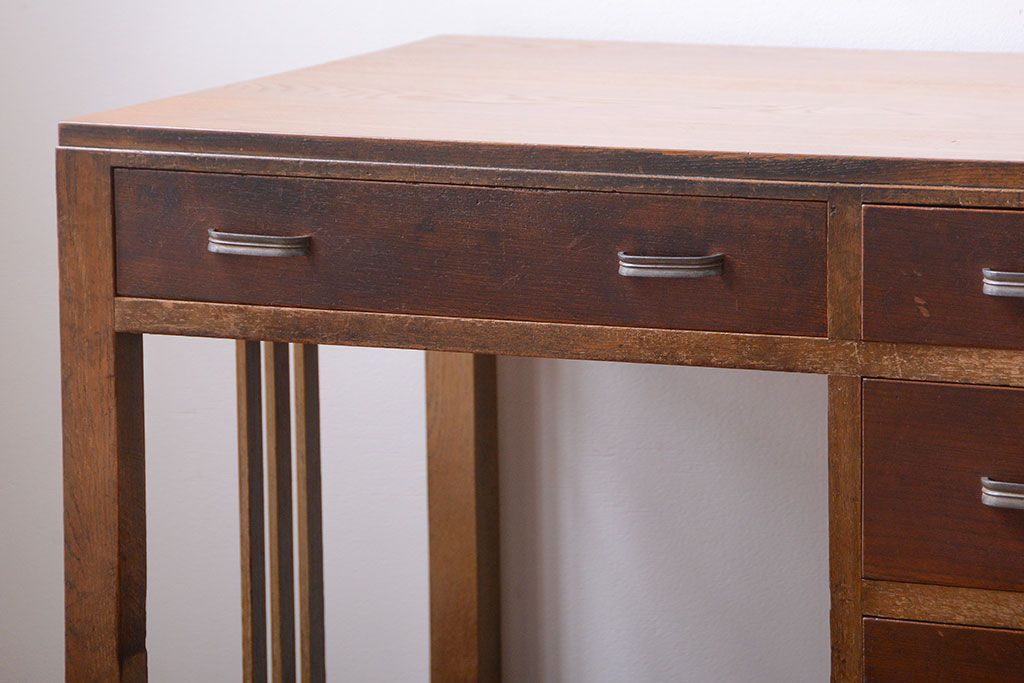 レトロ家具　昭和レトロ　古いナラ材のアンティーク片袖机