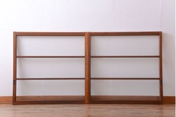 アンティーク　レトロな古い木味のモールガラス入り引き戸2枚セット(窓)(1)