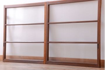 アンティーク　レトロな古い木味のモールガラス入り引き戸2枚セット(窓)(1)