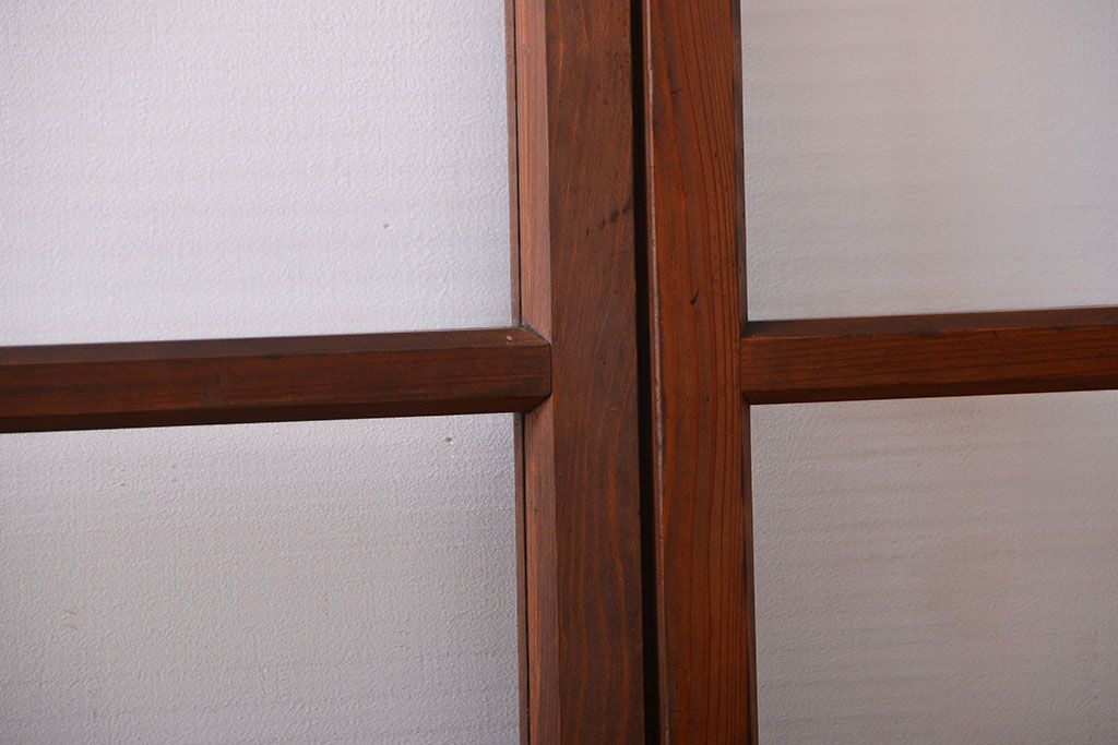 アンティーク　レトロな古い木味のモールガラス入り引き戸2枚セット(窓)(2)