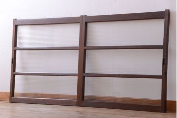 アンティーク　レトロな古い木味のモールガラス入り引き戸2枚セット(窓)(3)