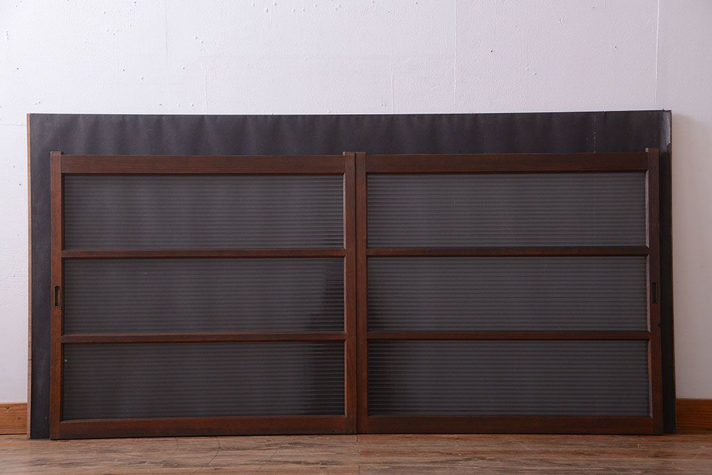 アンティーク　レトロな古い木味のモールガラス入り引き戸2枚セット(窓)(3)