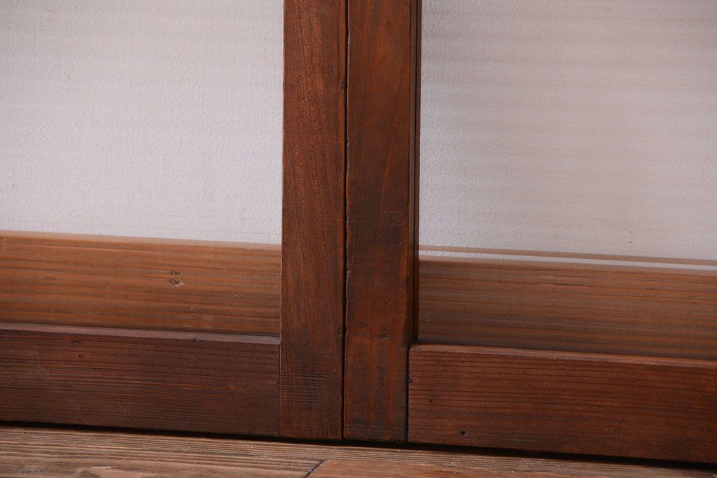 アンティーク　レトロな古い木味のモールガラス入り引き戸2枚セット(窓)(3)
