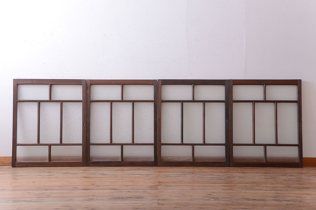 大正ロマン　古い木のモダンなガラス引き戸4枚セット(窓)