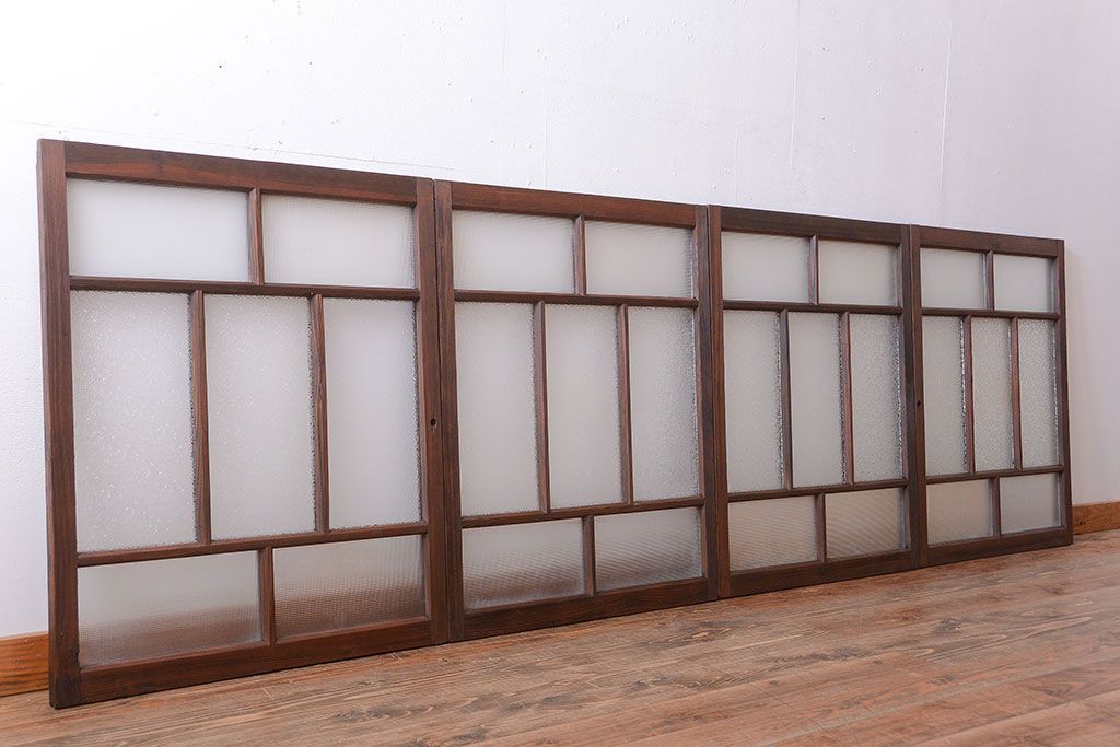 大正ロマン　古い木のモダンなガラス引き戸4枚セット(窓)