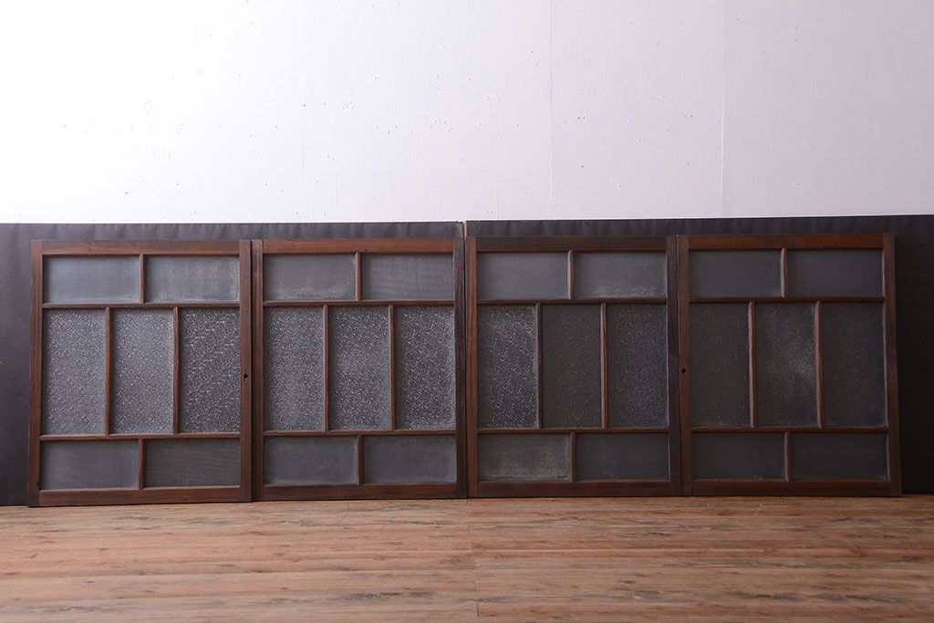 大正ロマン　古い木のモダンなガラス引き戸4枚セット(窓)