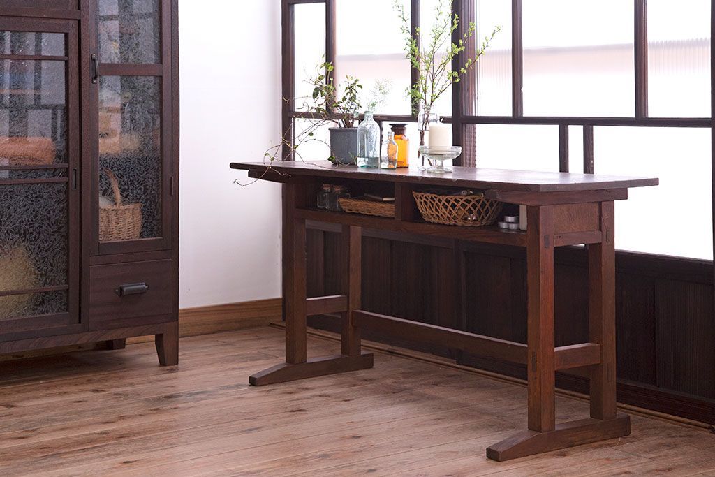 レトロ家具　和製アンティーク　古い学校のレトロな横長テーブル(作業台)(2)