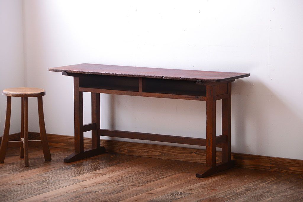 レトロ家具　和製アンティーク　古い学校のレトロな横長テーブル(作業台)(2)