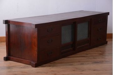 アンティーク家具　古民具・骨董　六尺　デザインガラスがモダンでお洒落な水屋箪笥テレビボード