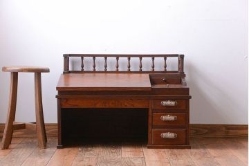 アンティーク家具　大正ロマン　古い栓材のアンティーク帳場机(片袖机)
