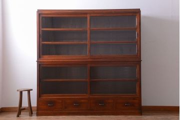 アンティーク家具　和製アンティーク　引き出し4杯付き!下段モールガラス戸の重ね収納戸棚