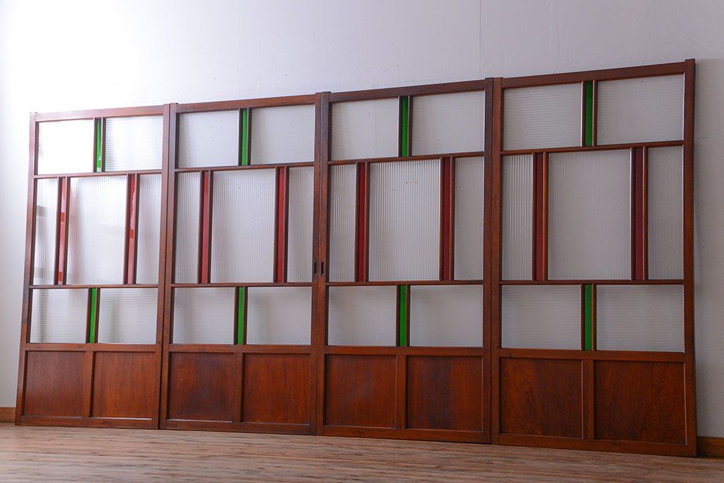 和製アンティーク　大正〜昭和時代　古い日本製・当時物ガラス入りガラス戸4枚セット