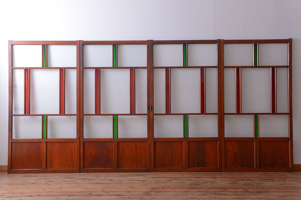 和製アンティーク　大正〜昭和時代　古い日本製・当時物ガラス入りガラス戸4枚セット