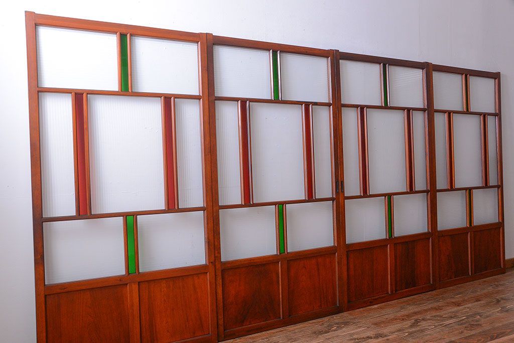 和製アンティーク　大正〜昭和時代　古い日本製・当時物ガラス入りガラス戸4枚セット