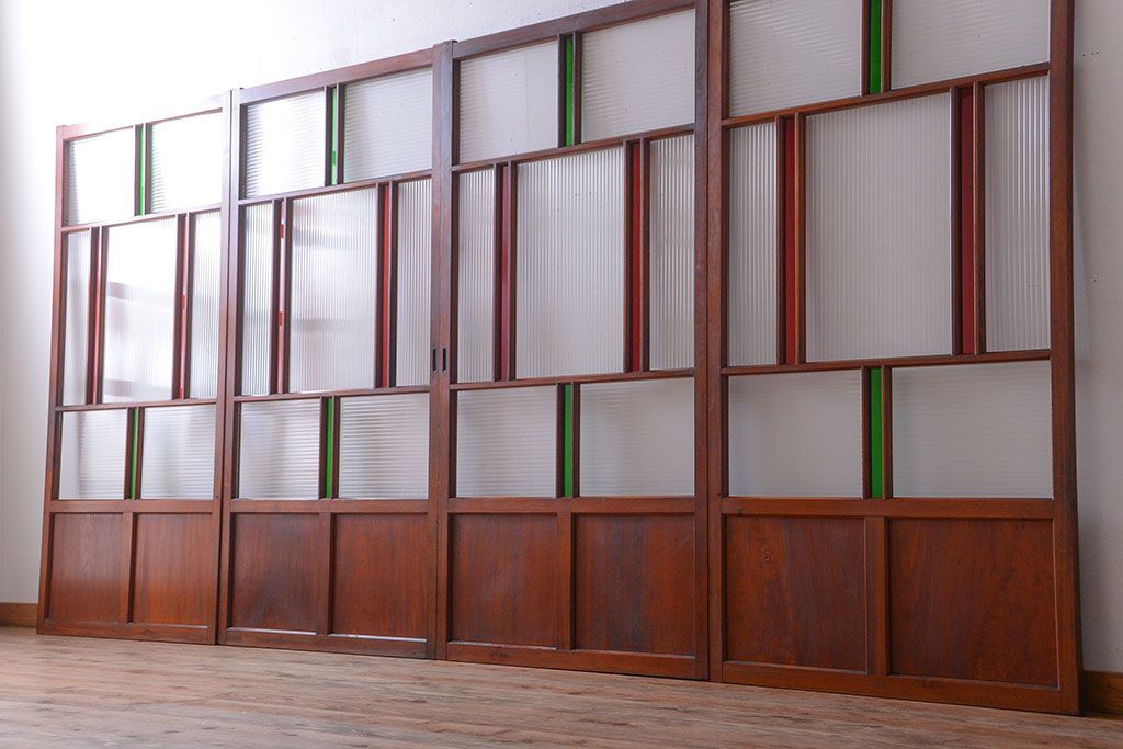 和製アンティーク　大正〜昭和時代　古い日本製・当時物ガラス入りガラス戸4枚セット