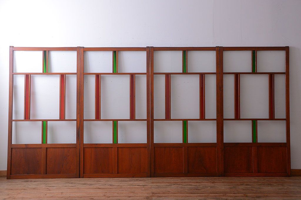 和製アンティーク　大正〜昭和時代　古い日本製・当時物ガラス入りガラス戸4枚セット