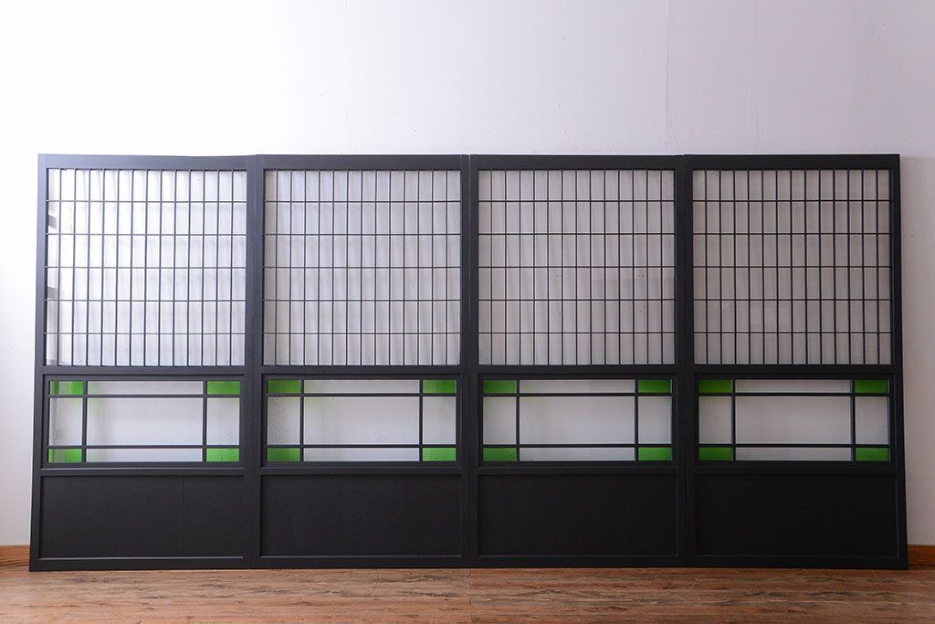 和モダンスタイル　色ガラス入り!艶消しブラックペイントのガラス格子戸4枚セット