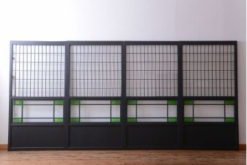 和モダンスタイル　色ガラス入り!艶消しブラックペイントのガラス格子戸4枚セット