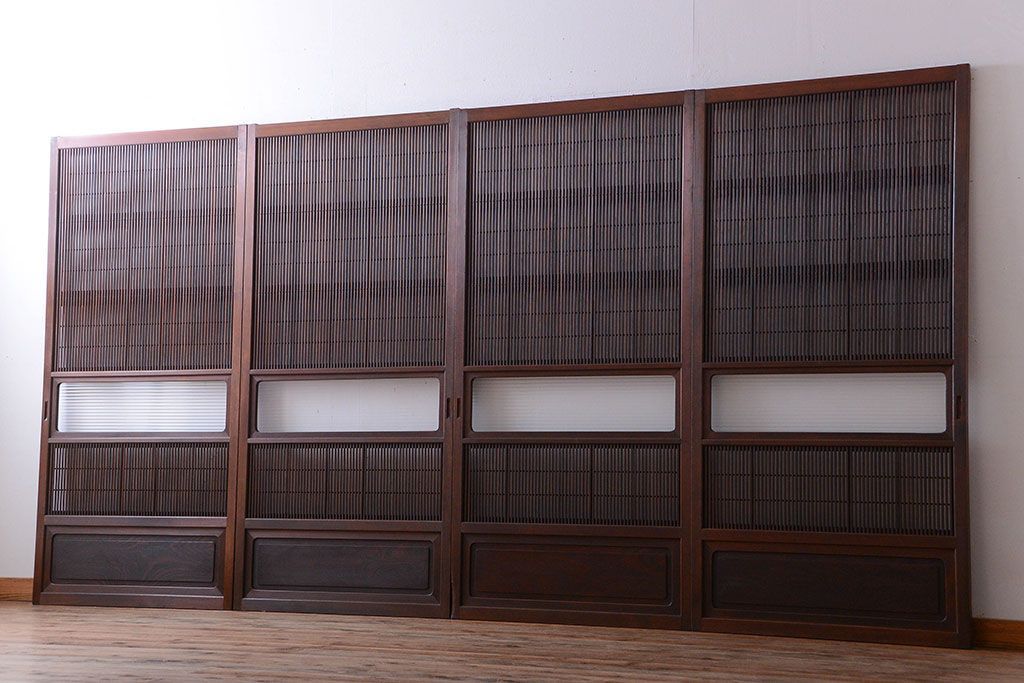 古民具・骨董　腰板欅材!モールガラス入り格子戸4枚セット