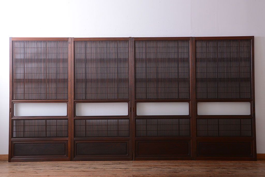 古民具・骨董　腰板欅材!モールガラス入り格子戸4枚セット