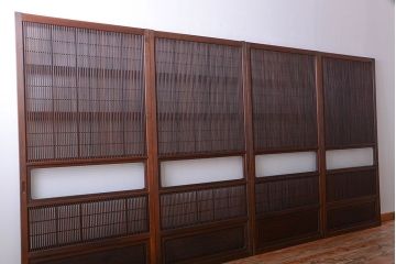 古民具・骨董　腰板欅材!モールガラス入り格子戸4枚セット