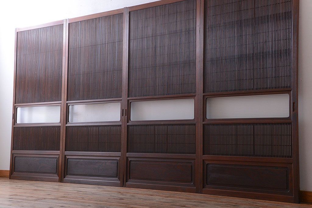 古民具・骨董　腰板欅材!モールガラス入り格子戸4枚セット