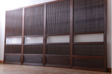 古民具・骨董　腰板欅材!モールガラス入り格子戸4枚セット