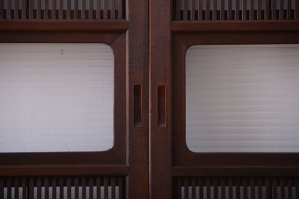 古民具・骨董　腰板欅材!モールガラス入り格子戸4枚セット