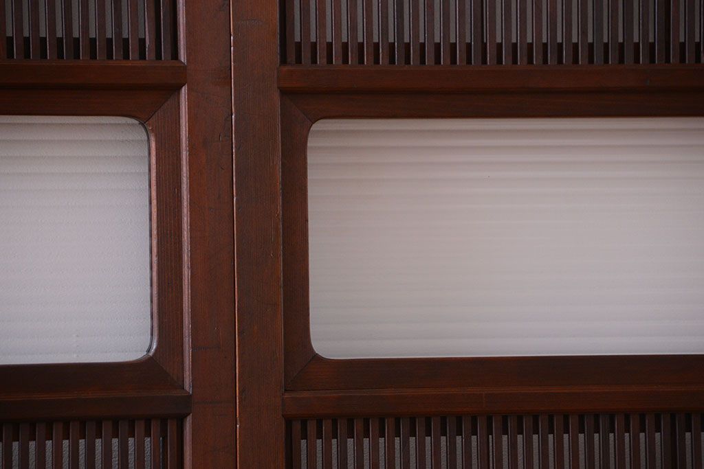 古民具・骨董　腰板欅材!モールガラス入り格子戸4枚セット