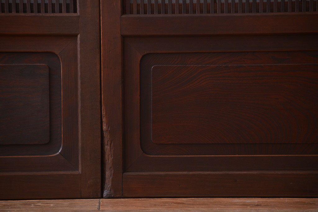 古民具・骨董　腰板欅材!モールガラス入り格子戸4枚セット