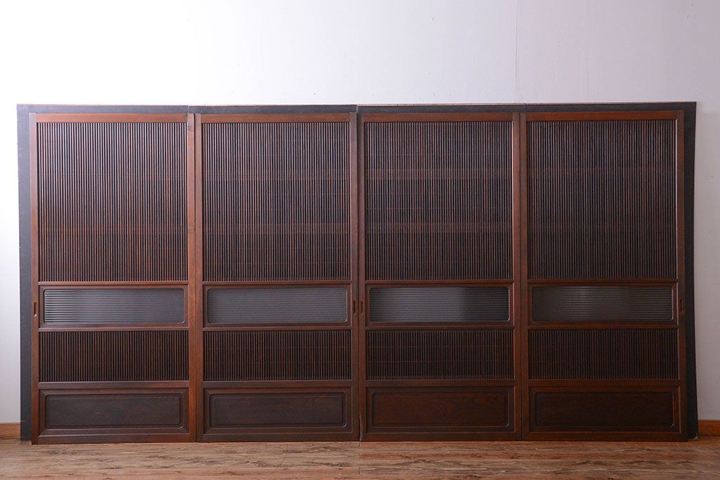 古民具・骨董　腰板欅材!モールガラス入り格子戸4枚セット