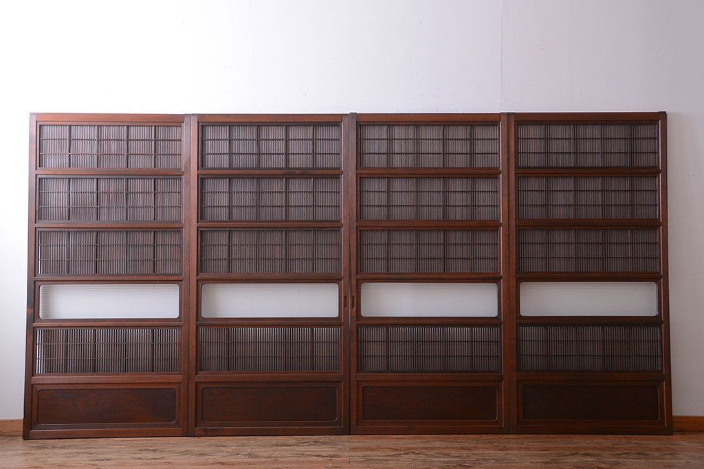 古民具・骨董　腰板欅材!モールガラス入り格子戸4枚セット