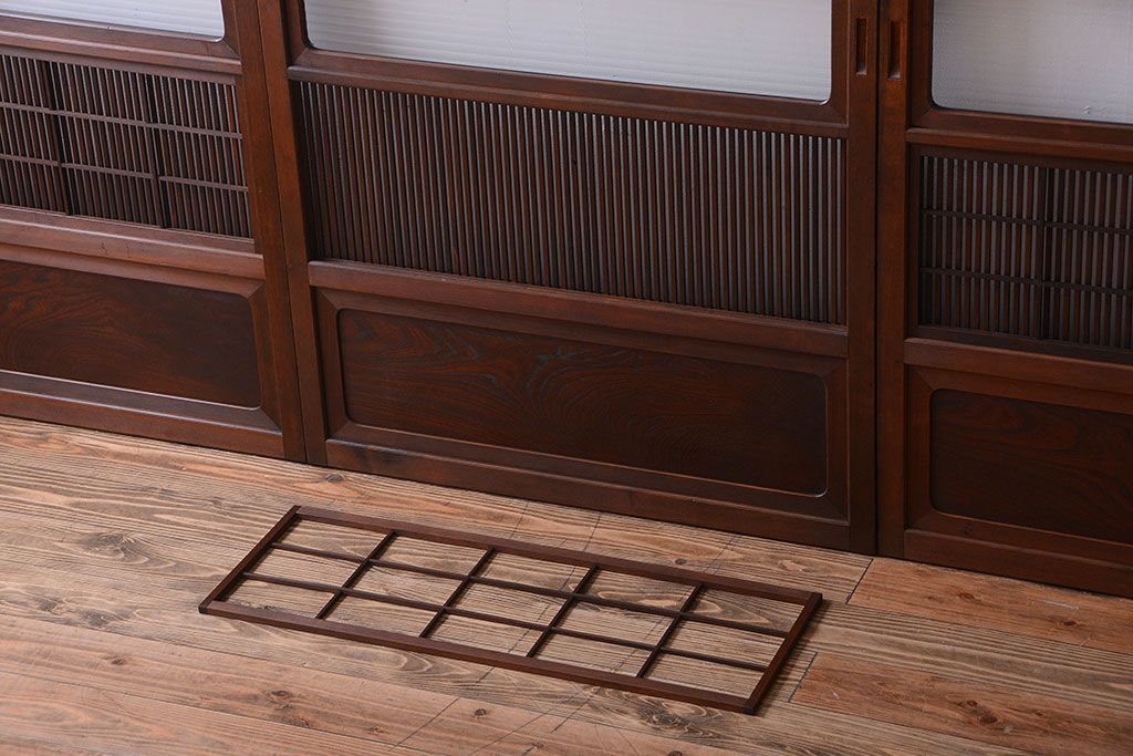 古民具・骨董　腰板欅材!モールガラス入り格子戸4枚セット