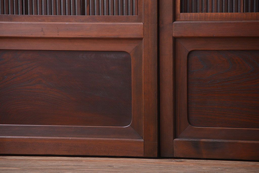 古民具・骨董　腰板欅材!モールガラス入り格子戸4枚セット