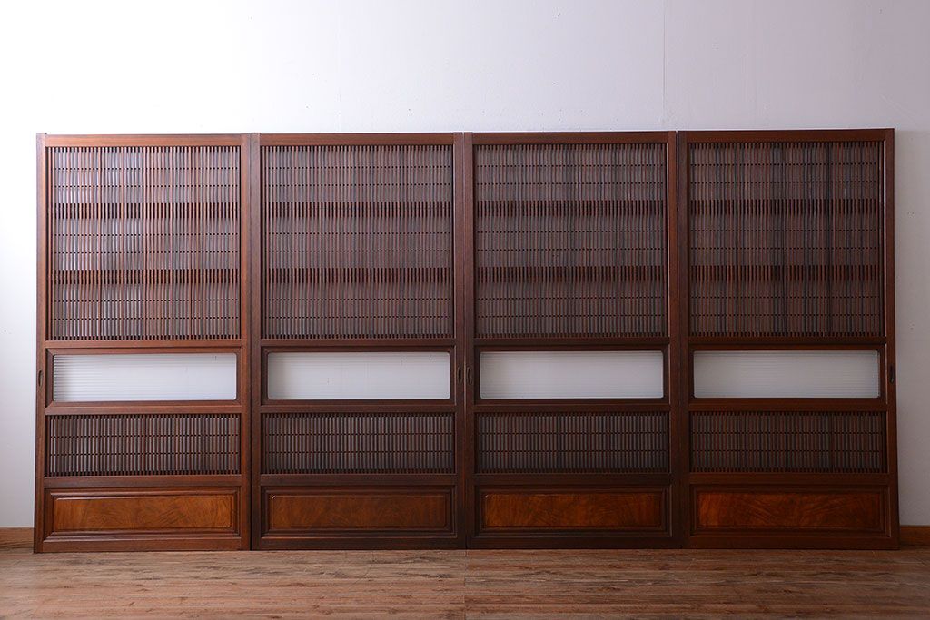 和製アンティーク　モールガラス入り格子戸4枚セット