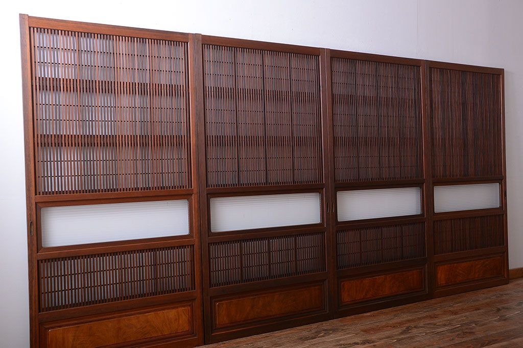 和製アンティーク　モールガラス入り格子戸4枚セット