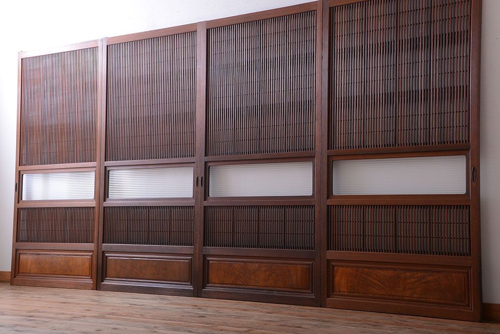 和製アンティーク　モールガラス入り格子戸4枚セット