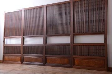 和製アンティーク　モールガラス入り格子戸4枚セット