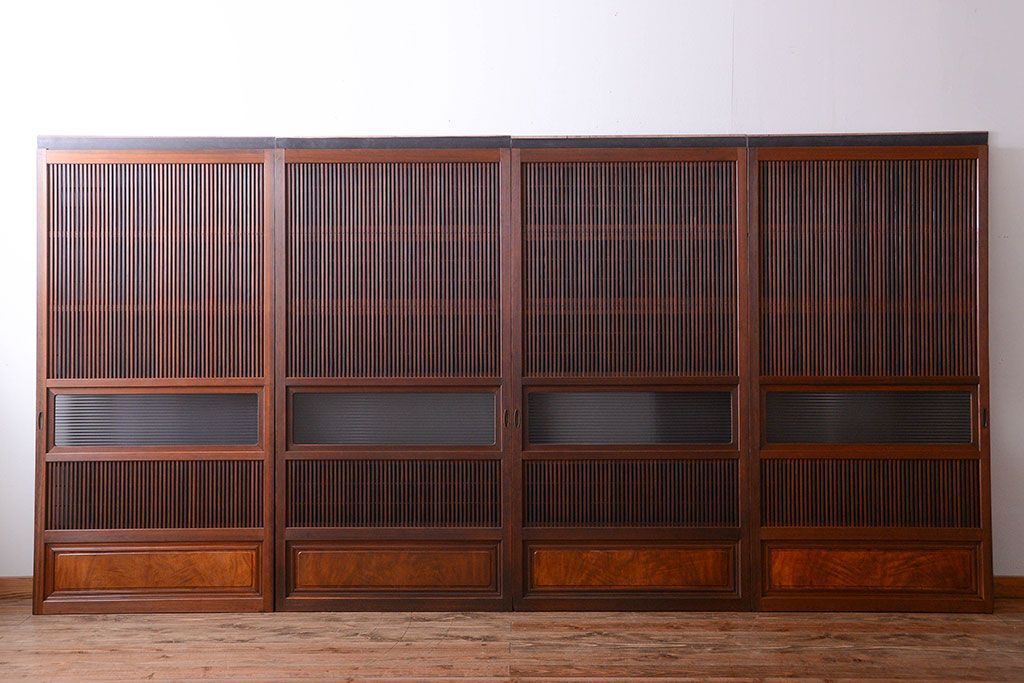 和製アンティーク　モールガラス入り格子戸4枚セット