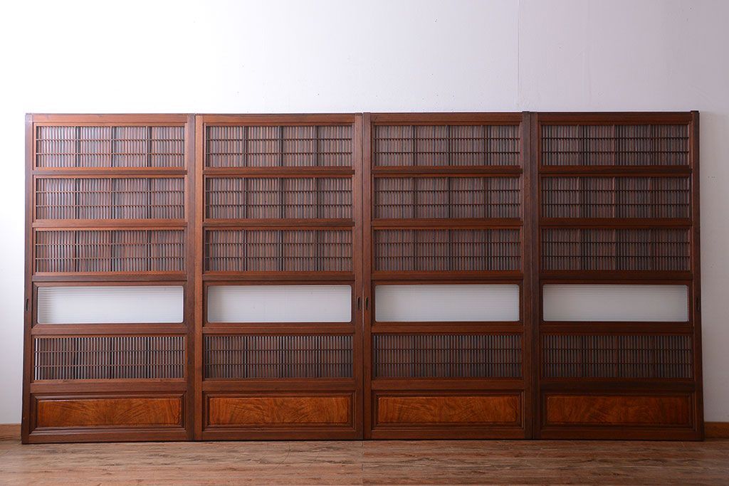 和製アンティーク　モールガラス入り格子戸4枚セット