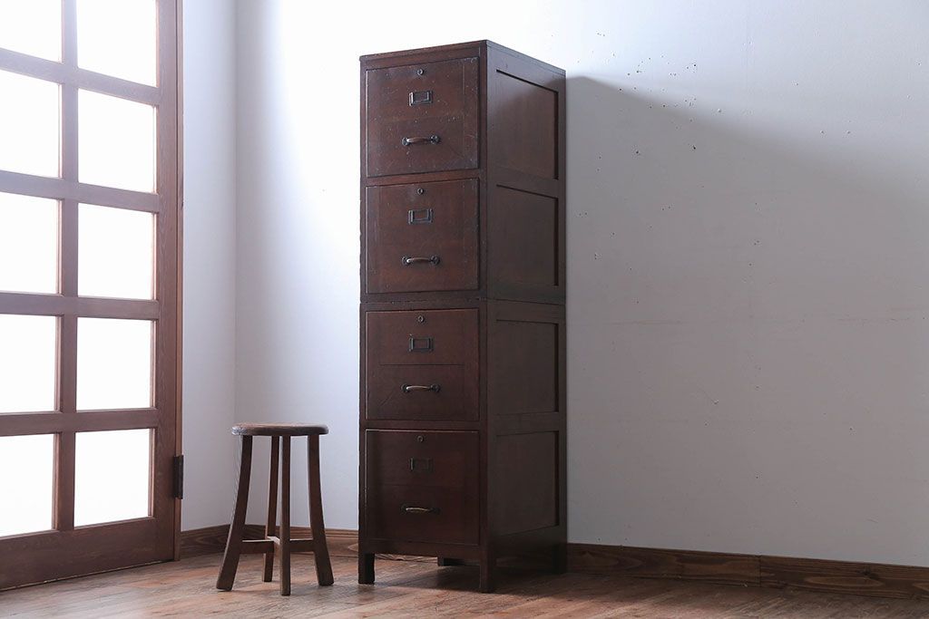 アンティーク家具　和製アンティーク　古い木製の縦型4杯引き出し(書類ケース)