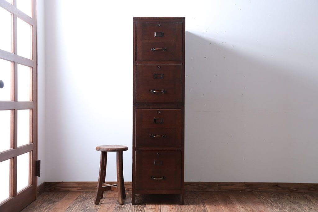 アンティーク家具　和製アンティーク　古い木製の縦型4杯引き出し(書類ケース)