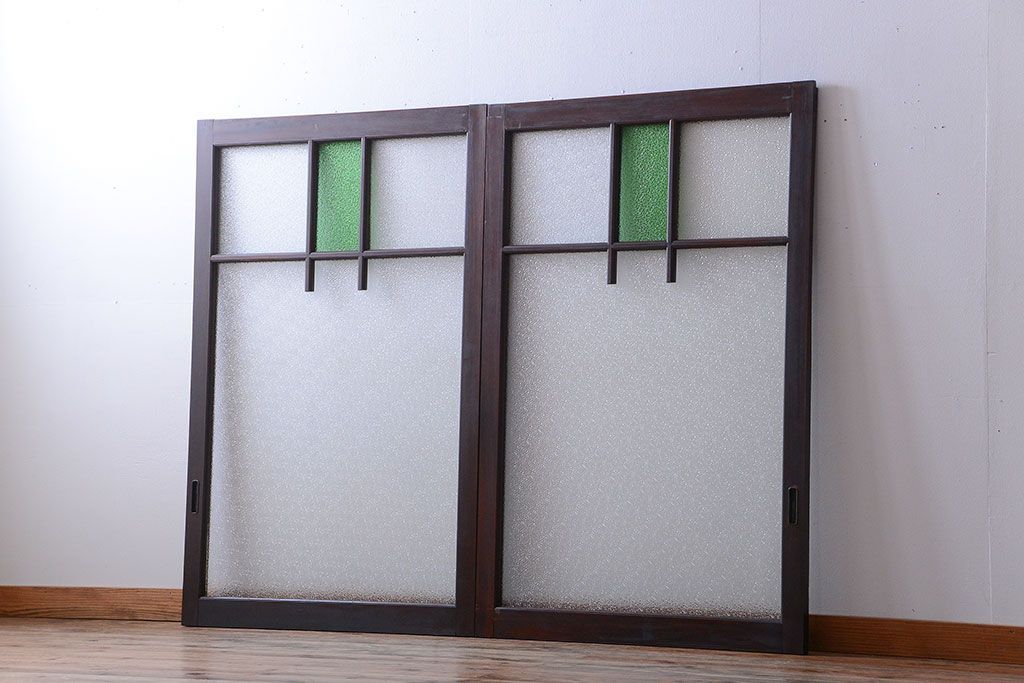大正ロマン　当時物色ガラス入り!アンティーク引き戸2枚セット(窓)